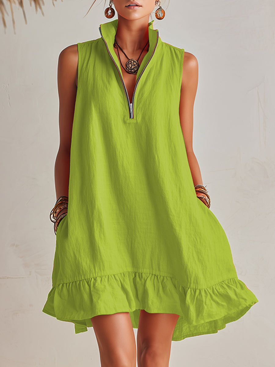 Bright Orange Linen Half-Zip Mini Dress with Ruffled Hem and Stand-Up Collar