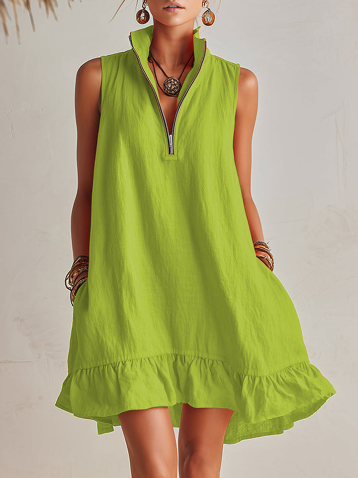 Bright Orange Linen Half-Zip Mini Dress with Ruffled Hem and Stand-Up Collar