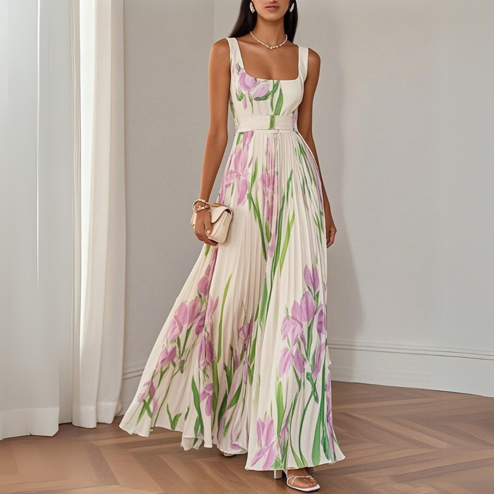 Nina - Women's Long Floral Pleated Dress
