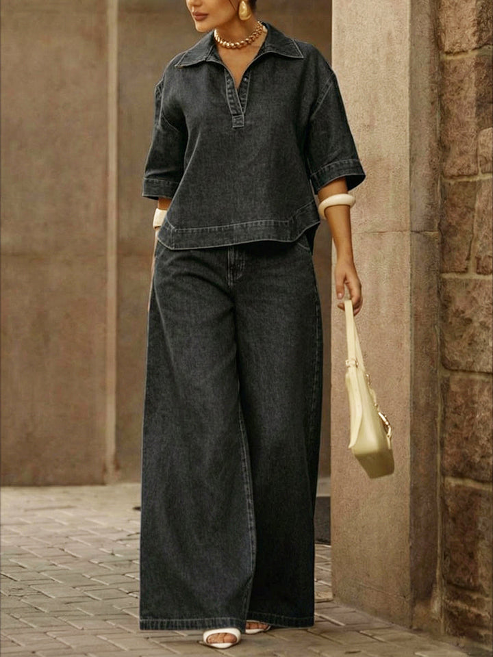Chic Women's DenTop and Wide-Leg Trouser Two-Piece Set