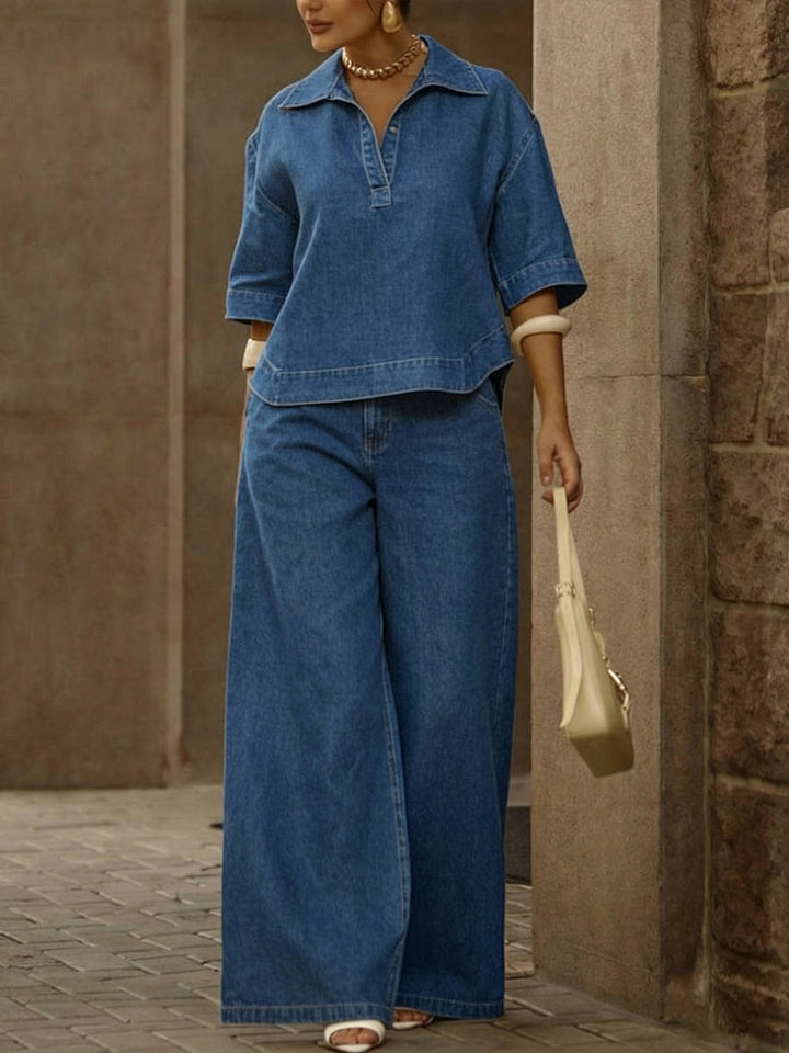 Chic Women's DenTop and Wide-Leg Trouser Two-Piece Set