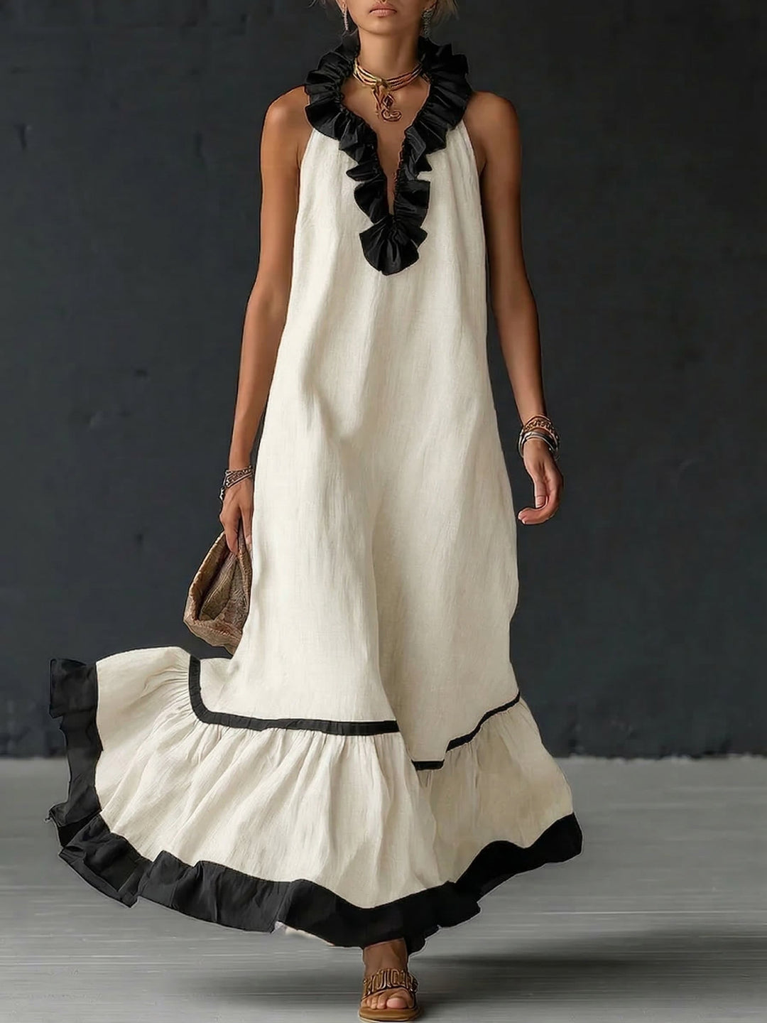 Women's Sleeveless Maxi Dress with Pockets and Ruffle Hem