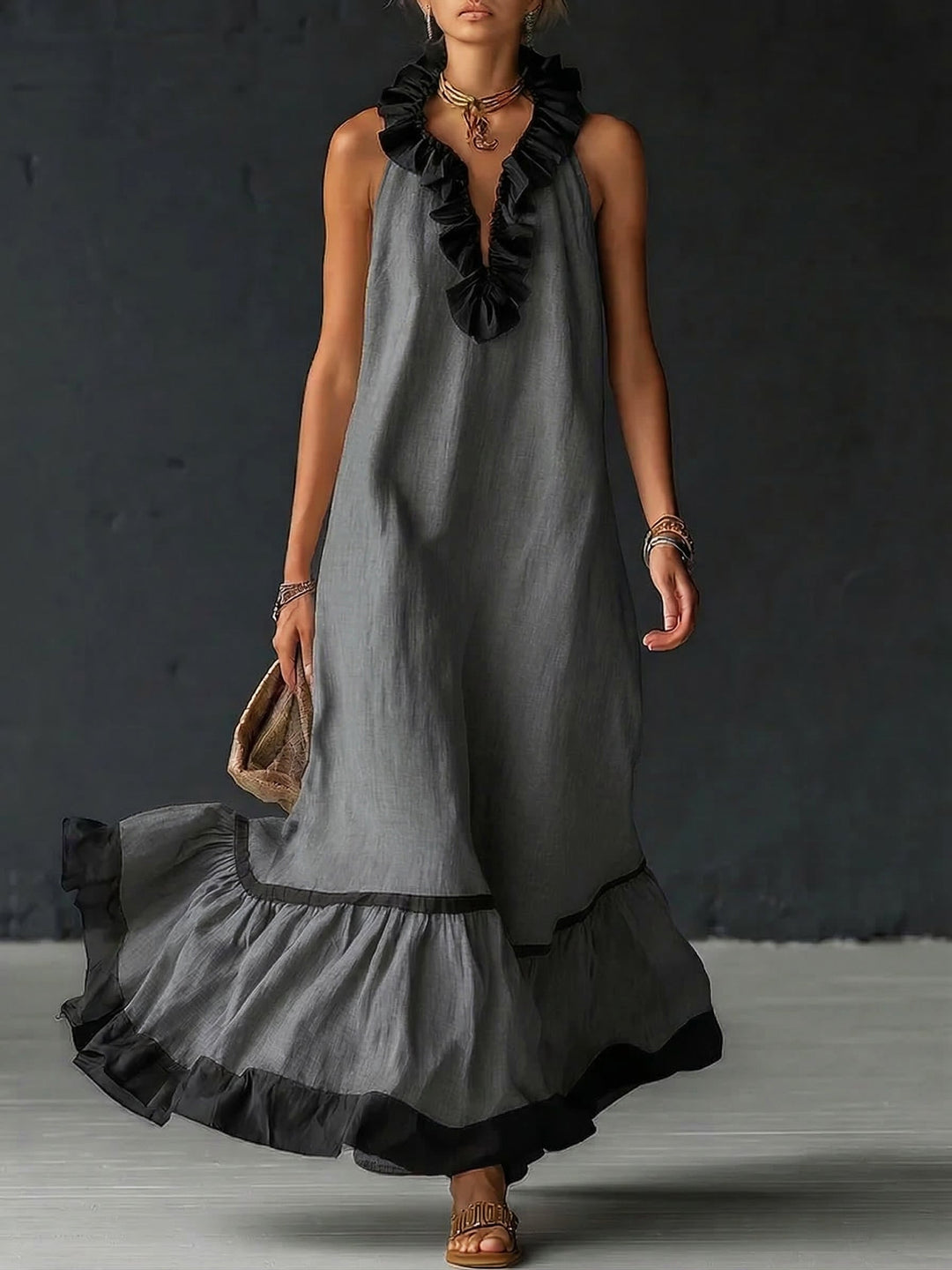 Women's Sleeveless Maxi Dress with Pockets and Ruffle Hem
