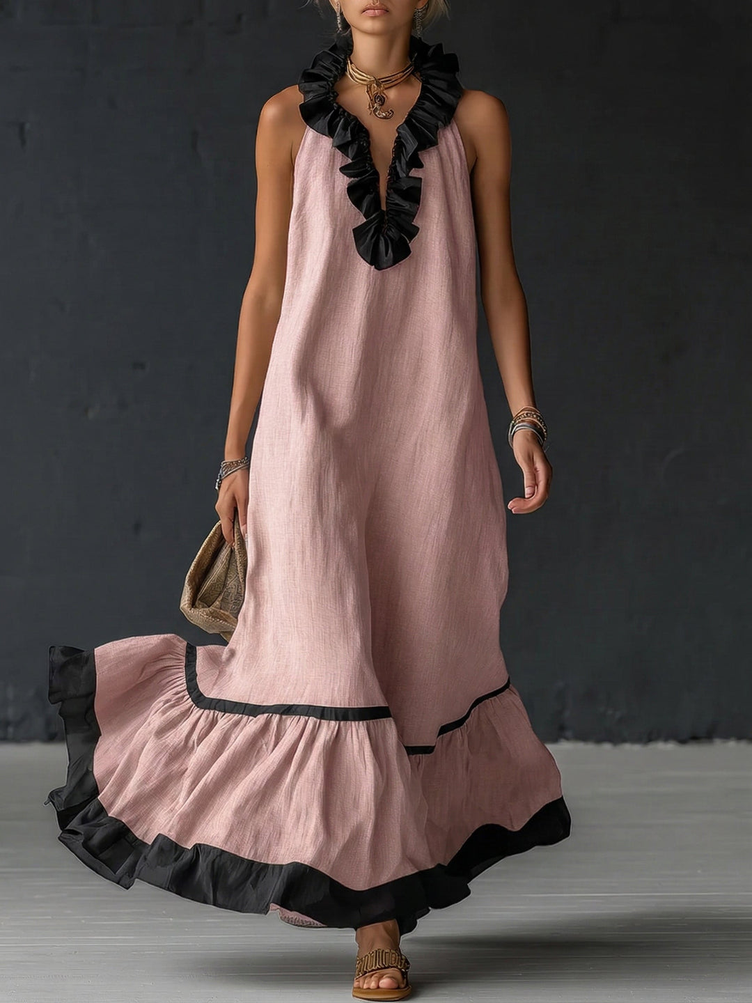 Women's Sleeveless Maxi Dress with Pockets and Ruffle Hem