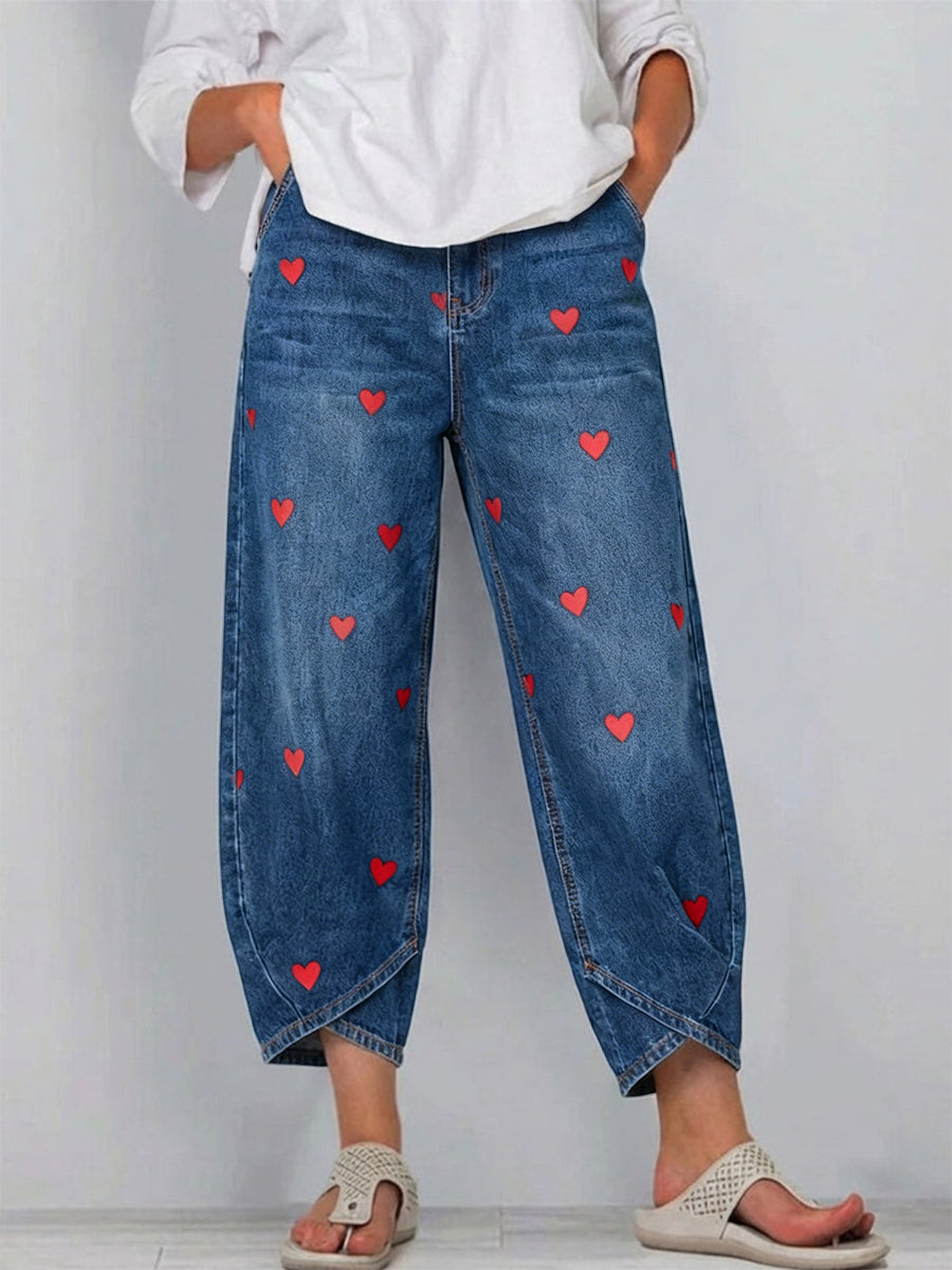 Women's Casual Denim Cotton Trousers with Heart Print