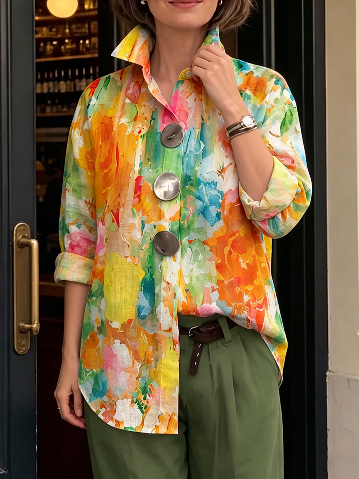Women's Longline Metal-Button Shirt with Artistic Watercolour Palette Print