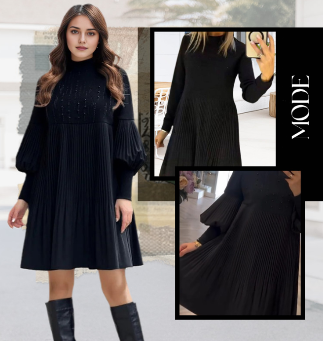 Marlene | Plus-Size Dress with Stand-Up Collar and Lantern Sleeves