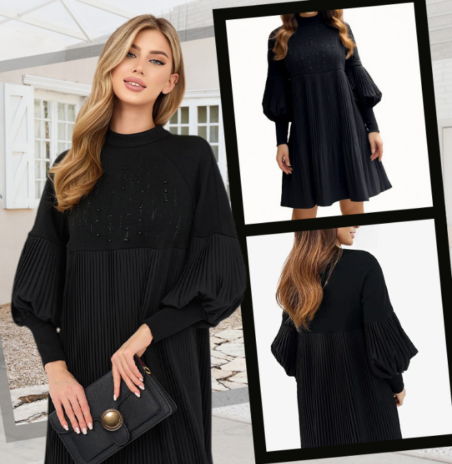 Marlene | Plus-Size Dress with Stand-Up Collar and Lantern Sleeves