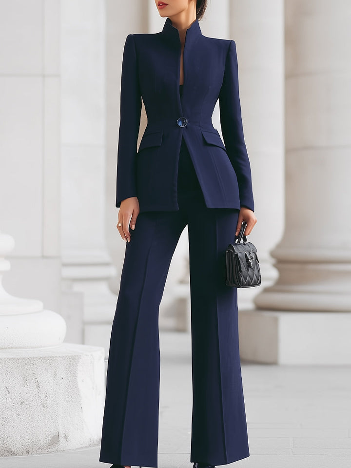 Women's Blazer & Wide-Leg Pants Set with Pockets