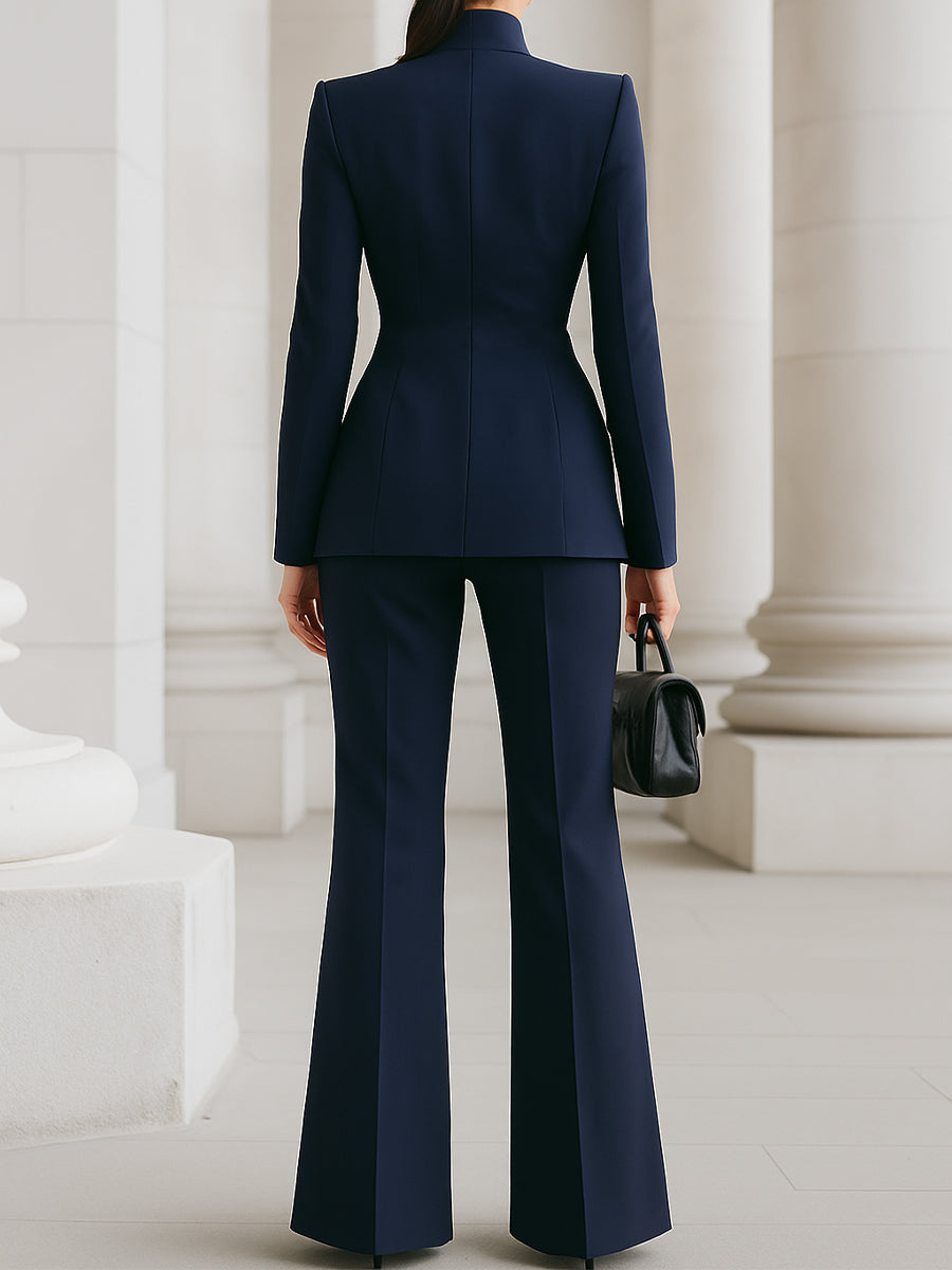 Women's Blazer & Wide-Leg Pants Set with Pockets