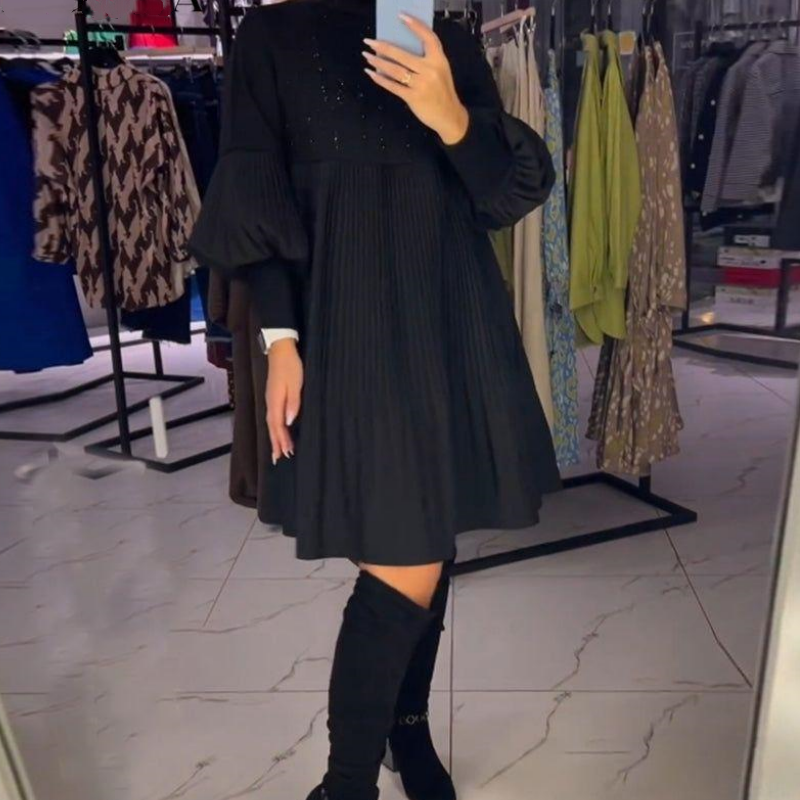 Marlene | Plus-Size Dress with Stand-Up Collar and Lantern Sleeves