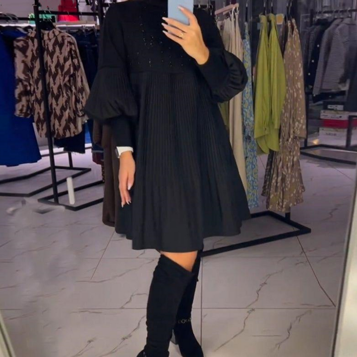 Marlene | Plus-Size Dress with Stand-Up Collar and Lantern Sleeves