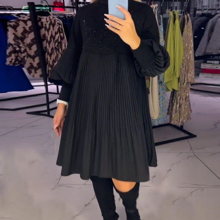 Marlene | Plus-Size Dress with Stand-Up Collar and Lantern Sleeves