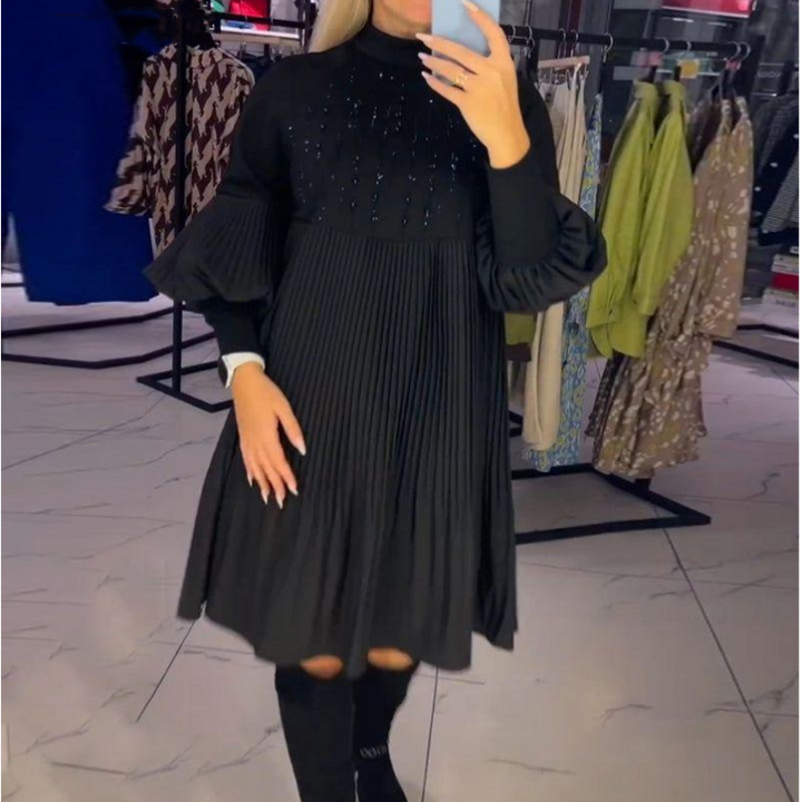 Marlene | Plus-Size Dress with Stand-Up Collar and Lantern Sleeves