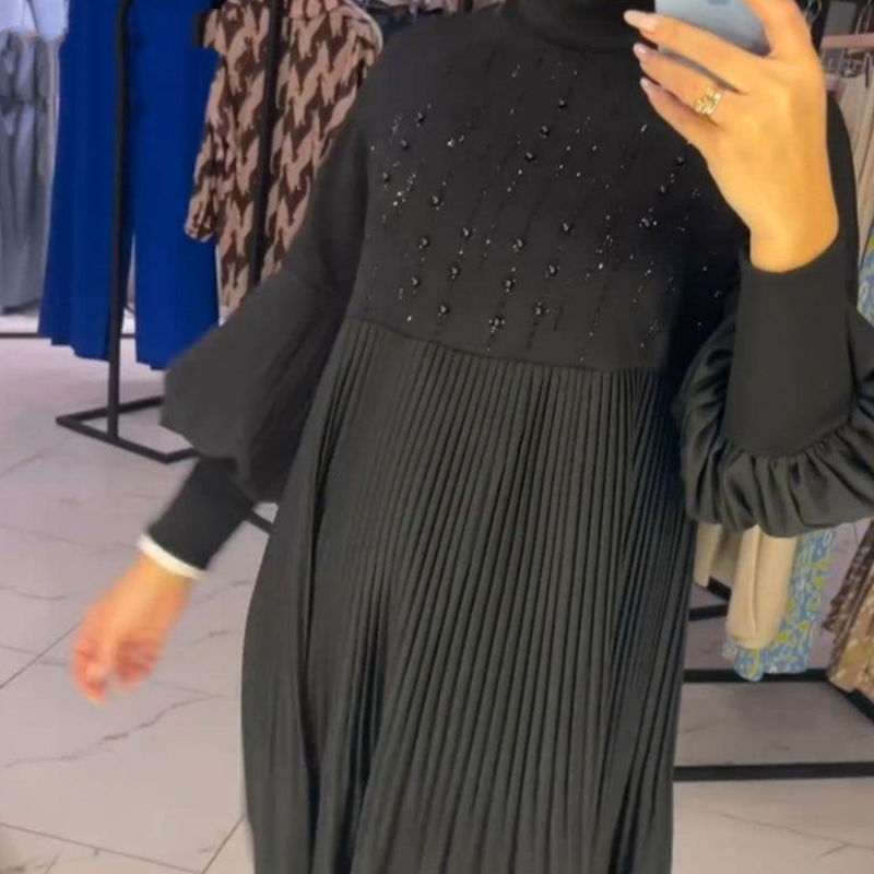 Marlene | Plus-Size Dress with Stand-Up Collar and Lantern Sleeves
