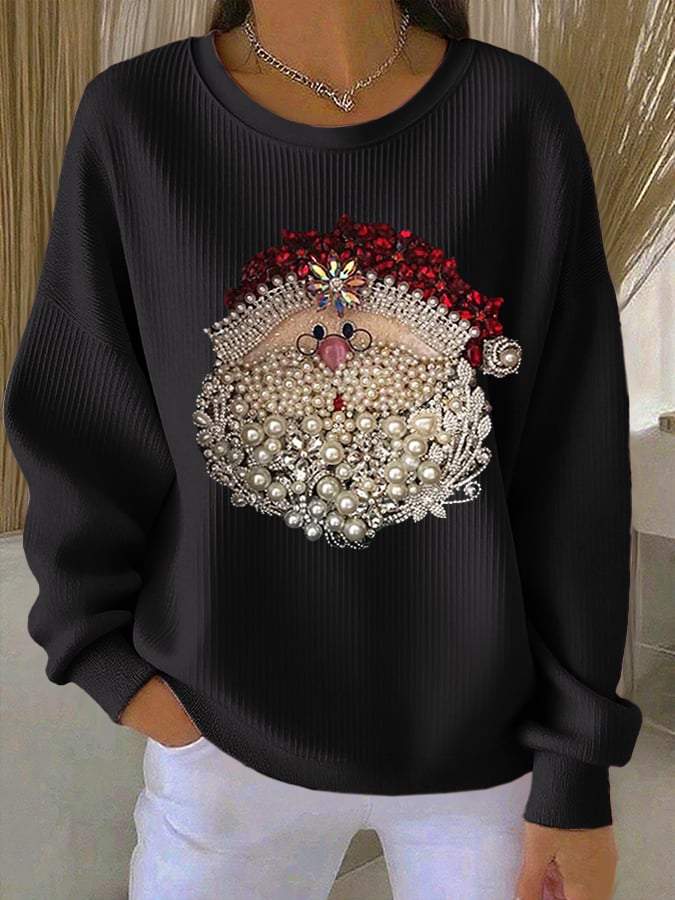 Women's Santa Claus Printed Ribbed Round-Neck Sweatshirt
