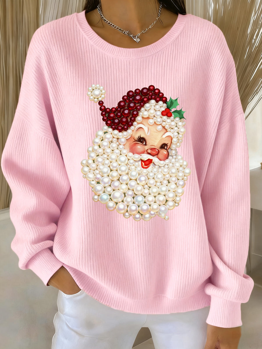 Women's Christmas Pearl Santa Claus Print Casual Sweater
