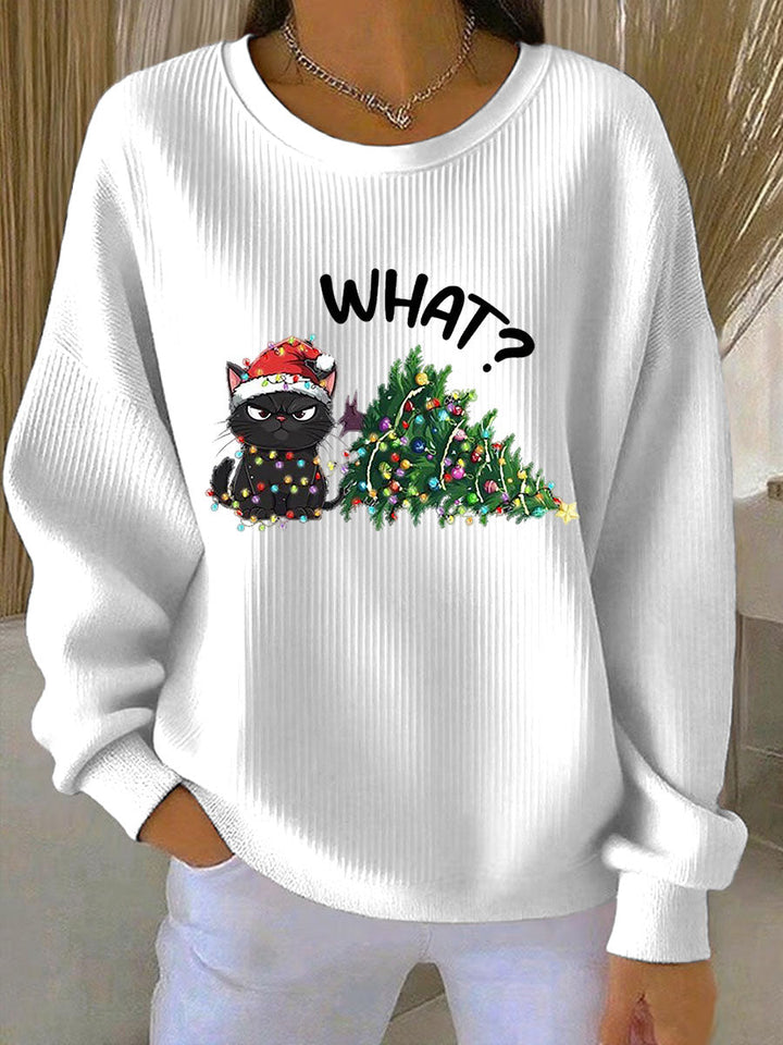 Women's Relaxed Christmas Ribbed Round-Neck Sweatshirt