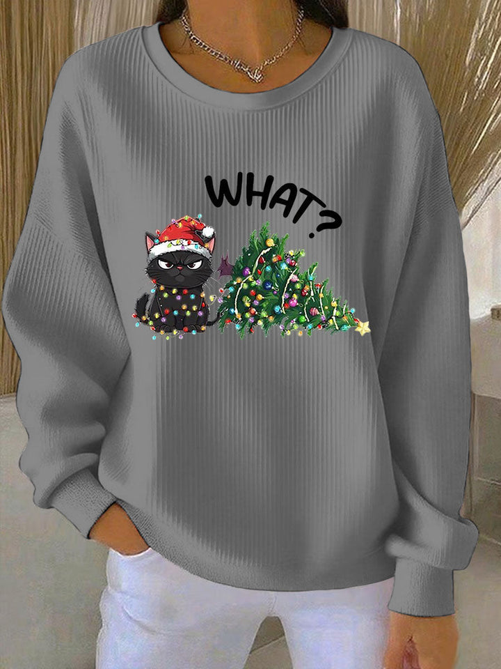 Women's Relaxed Christmas Ribbed Round-Neck Sweatshirt