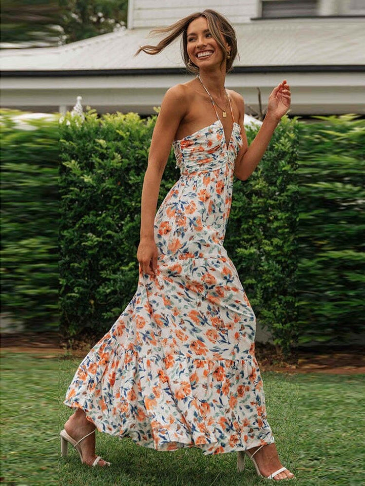 Elin™ Summer Wedding Guest Dress With Orange Flowers And V-Neck